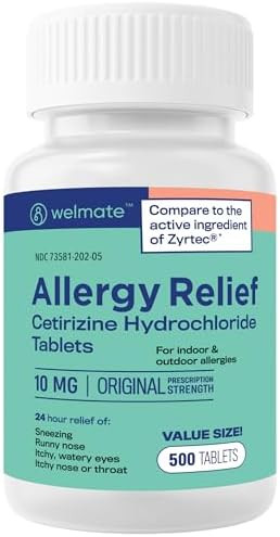 Welmate Allergy Relief (100 Tablets) Cetirizine Hydrochloride 10Mg 24 Hours Non Drowsy Indoor & Outdoor Allergy Medicine Antihistamine Nose Eyes & Throat Overthecounter Medication
