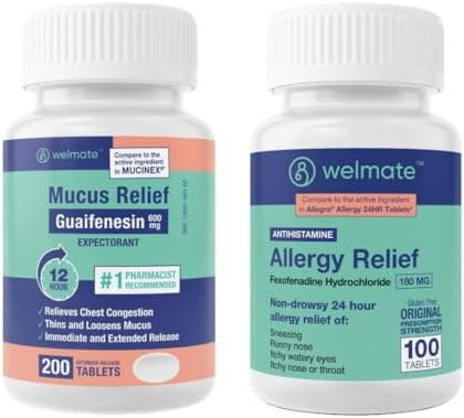 Welmate Cold & Allergy Management Bundle: Mucus Relief Guaifenesin 600Mg Mucus Relief (200 Ct) + Fexofenadine Hcl 180Mg Nondrowsy Allergy Relief (100 Ct)
