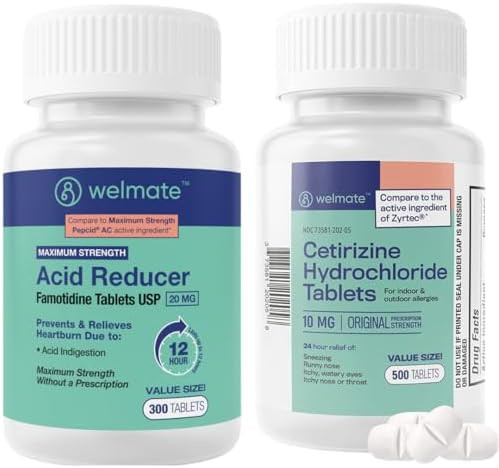 Welmate Allergy & Stomach Relief Bundle Cetirizine 10Mg + Famotidine 20Mg 24Hr Allergy & 12Hr Heartburn Support 500 + 300 Tablets