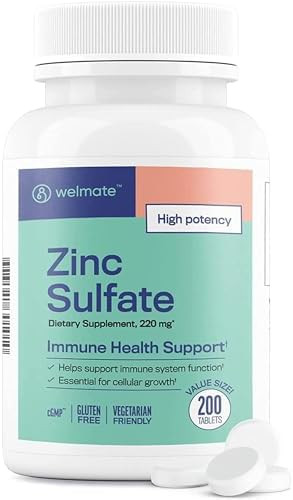 Welmate Zinc Sulfate 220Mg (200 Tablets) 50Mg Elemental Zinc Supplements For Men & Women High Potency Immune Support Supplement Collagen Production & Cellular Growth Vegetarian & Gluten
