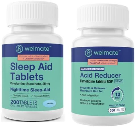 Welmate Sleep & Stomach Relief Bundle Doxylamine 25Mg + Famotidine 20Mg Nighttime Aid & Acid Reducer 200 + 300 Tablets