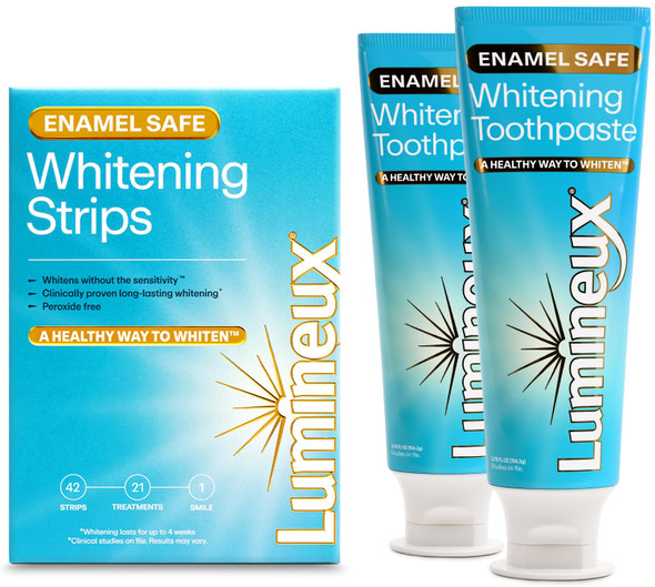Lumineux Whitening Duo Set – Peroxide Free - Enamel Safe for Whiter Teeth – Includes 21 Whitening Treatments & 2 Pack Whitening Toothpaste, Fluoride Free & Dentist Formulated