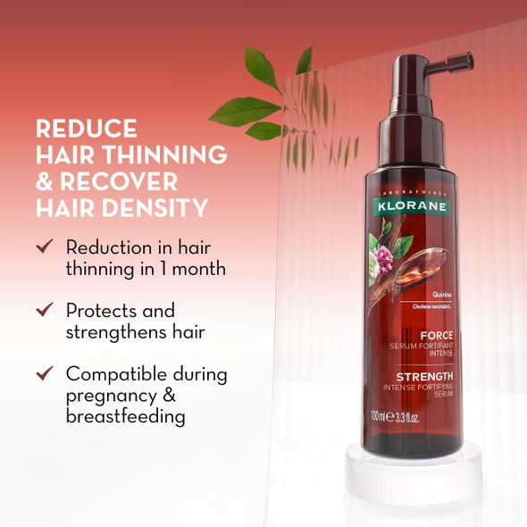 Klorane Intense Strengthening Serum with Quinine - Natural Alternative for Hair Thinning - Support Thicker Stronger Healthier Hair - Men & Women - Non-Greasy Leave-in Formula - 3.3 fl. oz.