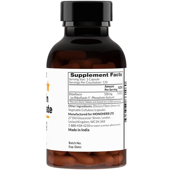 MONOHERB Riboflavin 5 Phosphate 100 mg  120 Vegetarian Capsules  Bioactive Vitamin B2