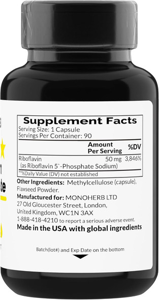 MONOHERB Riboflavin 5'-Phosphate 50 mg - 90 Vegetarian Capsules - Bioactive Vitamin B2
