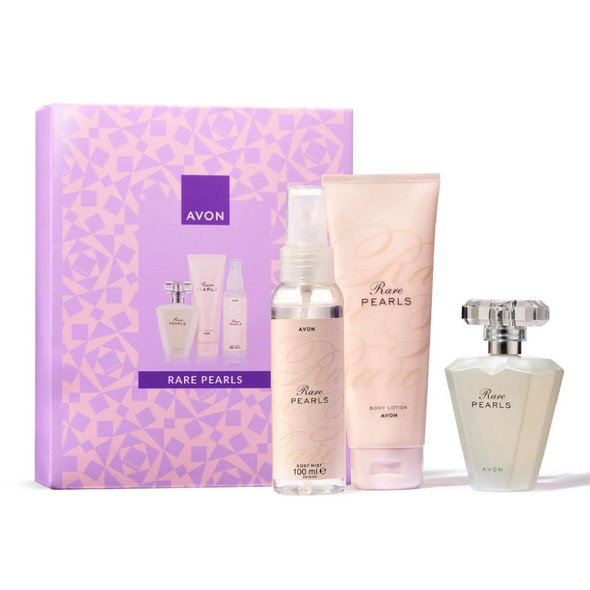 AVON Rare Pearls For Her Gift Set, with Rare Pearls Eau de Parfum 50ml, Body Mist 100ml & Body Lotion 125ml, in a Gift Box, Rosewood, Magnolia & Sandalwood, Long-Lasting Formula, Cruelty-Free
