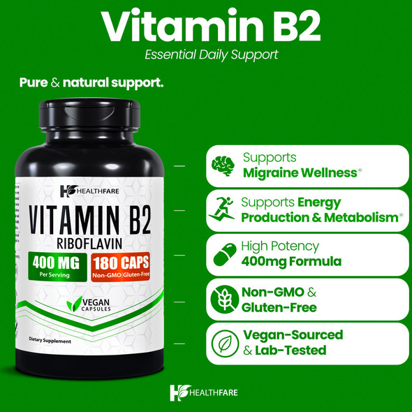 Healthfare Vitamin B2 Riboflavin 400mg  180 Vegan Capsules  High Potency Non-GMO  Gluten-Free Made in USA
