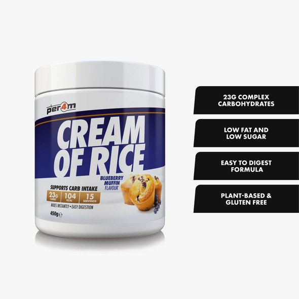 Per4m Protein Cream of Rice | Easy-to-Digest Complex Carbohydrate | Gluten-Free, Plant-Based Smooth Rice Porridge | Ideal Pre Post-Workout (450g, Blueberry Muffin)