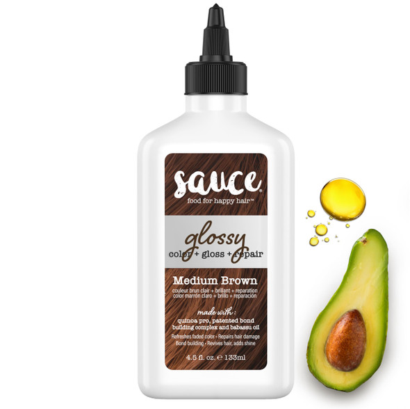 Sauce Beauty Glossy Color + Gloss + Repair Medium Brown Semi Permanent Hair Dye with Bond-Building and Color-Fade Protection Technology Adds Shine & Deep Moisture Lasts 4-8 Weeks Stops Fade