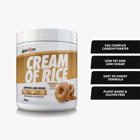 Per4m Protein Cream of Rice | Easy-to-Digest Complex Carbohydrate | Gluten-Free, Plant-Based Smooth Rice Porridge | Ideal Pre Post-Workout (450g, Cinnamon Donut)