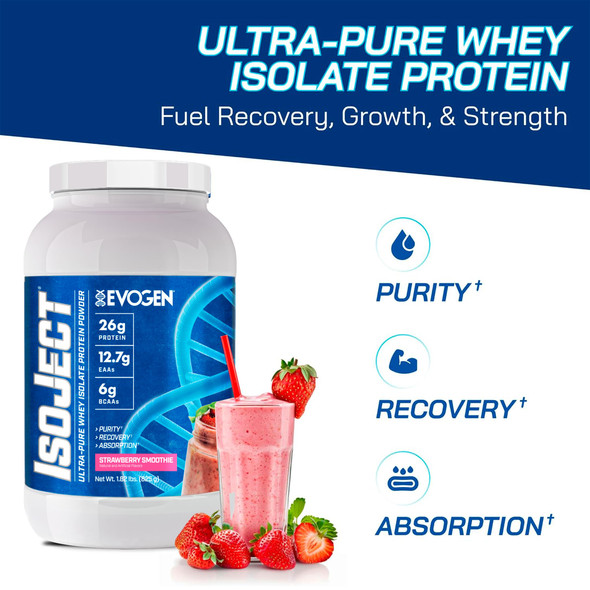 Evogen Isoject - Whey Protein Isolate | Ultra-Pure Whey Protein Powder with Ignitor Enzymes BCAAs and EAAs | Enhanced Absorption & Recovery | Strawberry Smoothie | 25 Servings