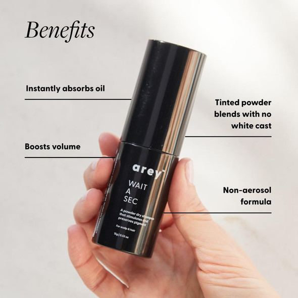 Arey Wait A Sec™ Dry Shampoo | Absorbs Oil & Adds Volume + Reduce the Signs of Aging Hair with Science-Backed Formula to Preserve Pigment | Non Aerosol Tinted Powder | Vegan Cruelty-Free (0.53 oz)