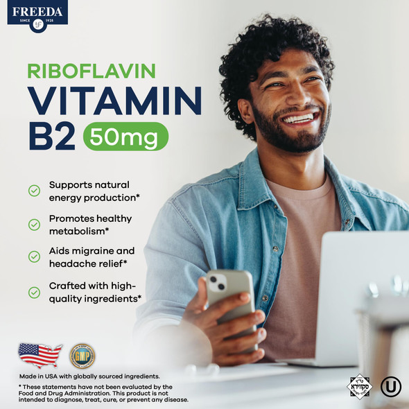 FREEDA Riboflavin Vitamin B2 Tablets  50mg  Optimized Dose for Energy & Nervous System Support  Kosher Vegan GF B2 Vitamins Supplement  VIT B 2 for Brain & Metabolism (100 Ct)