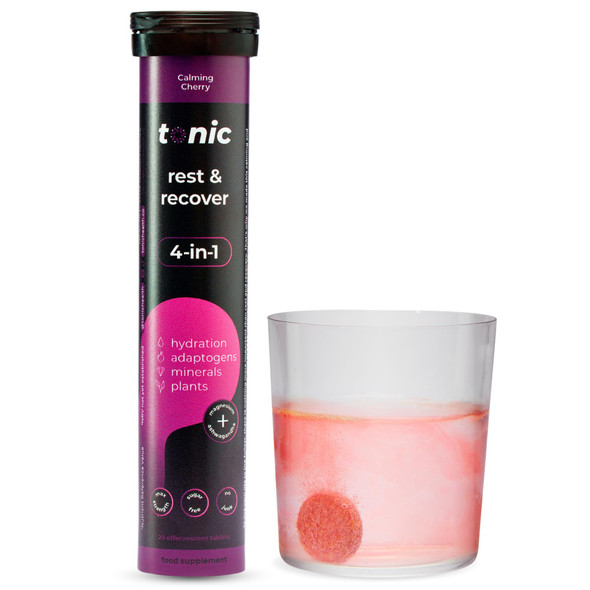 Tonic Health Rest and Recovery Effervescent Tablets - 300mg Elemental Magnesium, Ashwagandha, Lemon Balm - No Sugar, Magnesium Glycinate - Relax and Recharge, Calming Cherry 20 Count