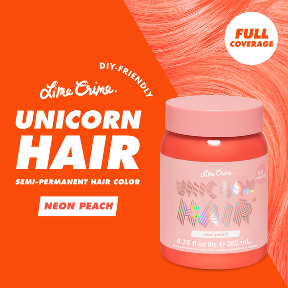 Lime Crime Full Coverage Unicorn Hair Dye Neon Peach - Damage-Free Semi-Permanent Hair Color Conditions & Moisturizes - Temporary Hair Tint Kit Has A Sugary Citrus Vanilla Scent - Vegan