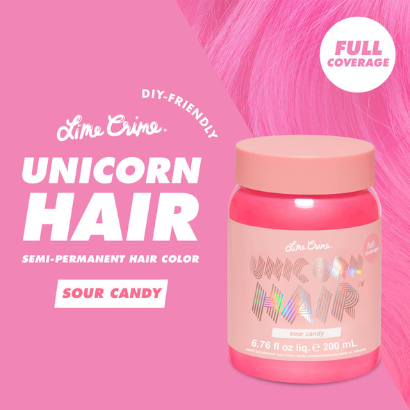 Lime Crime Unicorn Hair Dye Full Coverage Sour Candy (Bright Pink) - Vegan and Cruelty Free Semi-Permanent Hair Color Conditions & Moisturizes - Temporary Hair Dye With Sugary Citrus Vanilla Scent