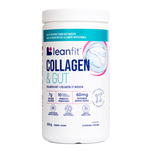 LEANFIT COLLAGEN & GUT™ Unflavoured - 7g Collagen + 10 Billion Probiotics + 60mg Peppermint + 2.1g Fibre From Psyllium - Supports Good Gut Health & Digestion - 25 Servings, 250g