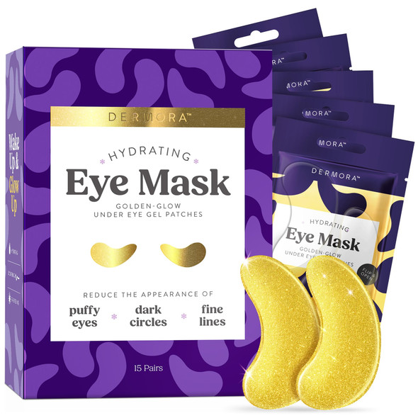 DERMORA Golden Glow Under Eye Patches | Rejuvenating Treatment | Dark Circles Puffy Eyes Refreshing Revitalizing Travel Wrinkles |15 Pairs Eye Gels