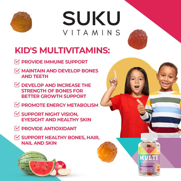 Suku Vitamins - The Complete Kids Multi Gummy Vitamin Easy to Chew Kids Immunity Support Gummies Enriched with Vitamin A Folate Zinc and More 60 Counts for 30 Days
