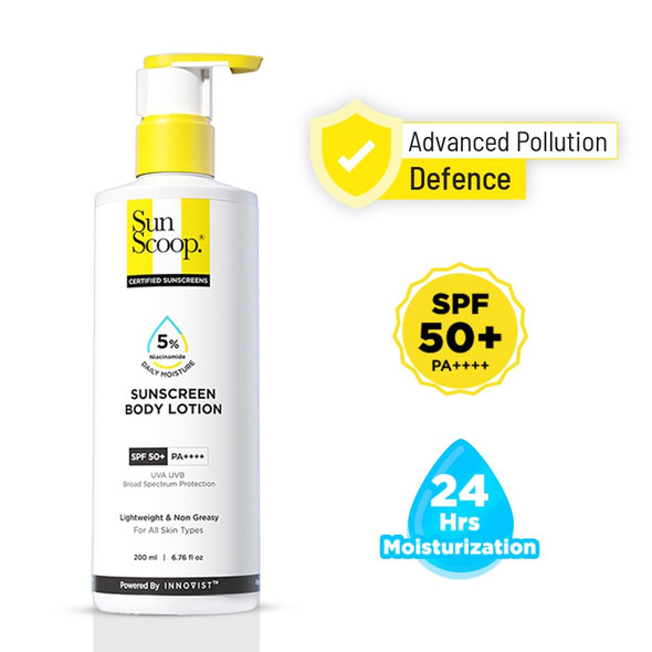 SunScoop 5% Niacinamide Daily Moisture Sunscreen Body Lotion SPF 50+ PA++++  24-Hours Moisturization  Reduces Pigmentation  Smoothens the Skin (200ml)