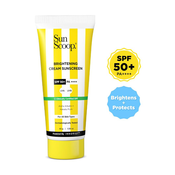 SunScoop Brightening Daily Sunscreen SPF 50  Zinc Oxide UV Filter  With Niacinamide + Alpha Arbutin for Radiant Skin  PA+++ Broad Spectrum Non Comedogenic No White Cast For All Skin Types  45g