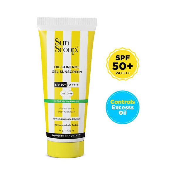Sunscoop Oil Control Gel Sunscreen  SPF 50+ PA++++  Mineral Oil and  Petroleum Free  Controls Excess Oil  Unclogs Pores  Anti ageing  Lightweight  45 g