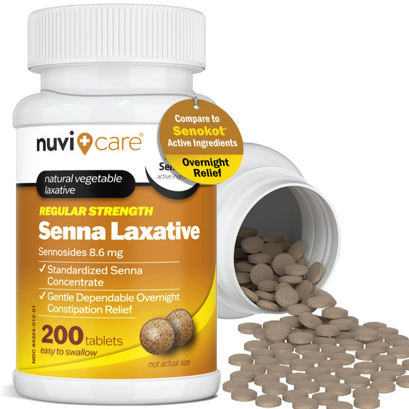 NUVICARE Senna Laxative Tablets 8.6 mg  Natural Senna Leaf Laxative for Occasional Constipation Relief Compare to Senokot Gentle Vegetable Laxativ  200 Count