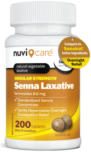 NUVICARE Senna Laxative Tablets 8.6 mg  Natural Senna Leaf Laxative for Occasional Constipation Relief Compare to Senokot Gentle Vegetable Laxativ  200 Count