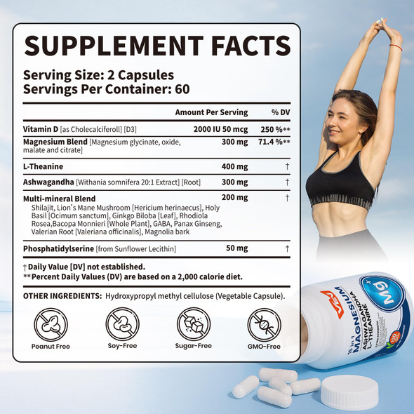 VEV DeepCalm Magnesium Complex for Women – 15-in-1 Glycinate & Citrate Capsules with Ashwagandha & L-Theanine – 120 Vegan Capsules