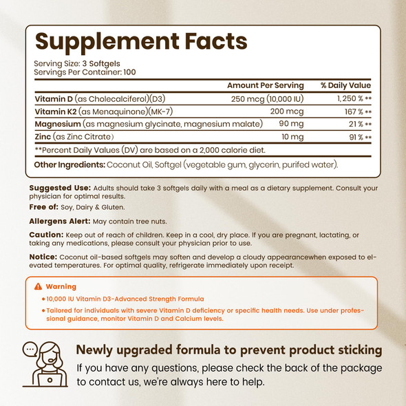 VEV Vitamin D3 K2 10,000 IU Magnesium Supplement – with Vitamin D and K (MK-7), Magnesium Glycinate & Malate, Zinc Citrate – 300 Softgels for Energy, Bone & Muscle Support