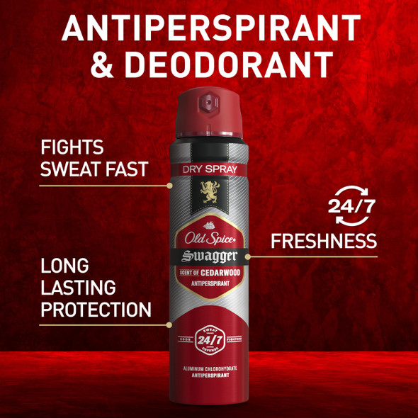 Old Spice Dry Spray Antiperspirant Deodorant for Men 24/7 Sweat & Odor Protection 24/7 Sweat Defense & Lasting Freshness Swagger with Cedarwood Scent 4.3 oz (Pack of 2)