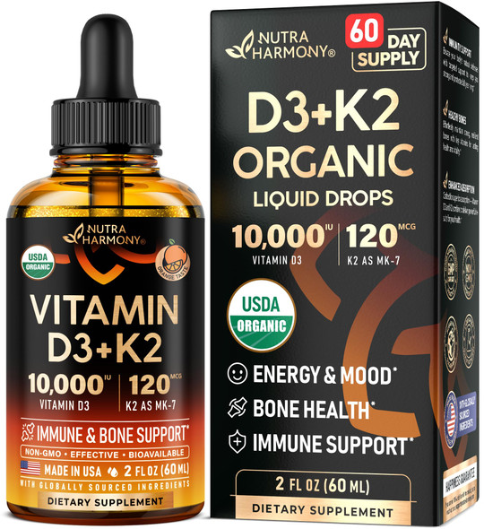 NUTRAHARMONY Vitamin D3 K2 USDA Organic Drops - Vitamin D3 10000 IU & K2 as MK-7 120mcg - Immune & Mood Support, Bone & Teeth Health - Sugar-Free Orange Flavor - Liquid Supplement - Made in USA - 2 FL OZ, 60 Days
