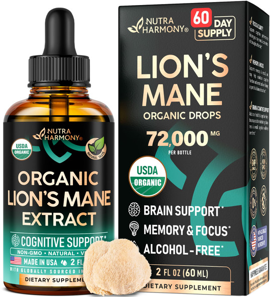 NUTRAHARMONY Lions Mane Liquid - USDA Certified Organic Lions Mane Supplement - Brain Support, Energy, Memory & Focus - Sugar & Alcohol-Free Lion's Mane Mushroom Extract 72,000 mg / Bottle, 2 Fl OZ, 2 Month Supply
