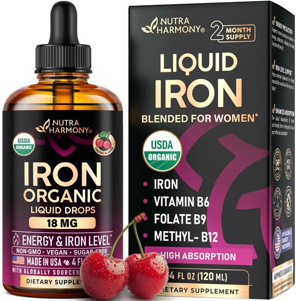 NUTRAHARMONY Liquid Iron Supplement for Women 18 mg - USDA Organic Drops, USA-Made - with Folate, Vitamin B12 & B6 - Iron Level & Energy - Gentle & High Absorption Glycinate Form - Cherry Flavor, Sugar-Free, 4 oz