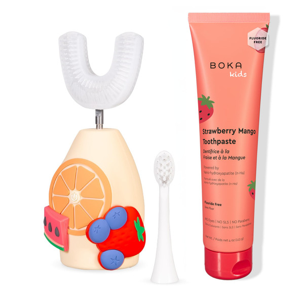 Boka Fluoride Free Toothpaste Nano Hydroxyapatite Toothpaste - Strawberry Mango 4 oz Boka Kids Sonic Electric Toothrush - Oral Care U Brush and Nylon Brush Bundle