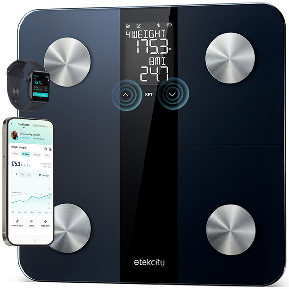 Etekcity Upgraded Smart Scale for Body Weight, FSA&HSA Eligible, Bathroom Digital Scale with BMI, Body Fat, Muscle Mass, 13 Metrics with a Large Display, Support Offline Mode and Apps Connection - Ash Black - 11 x 11 inches