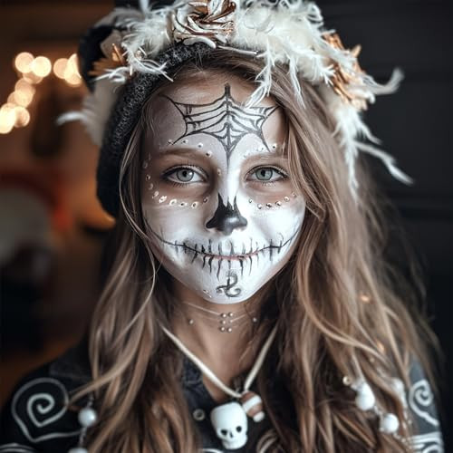 Bobisuka Black & White Face Paint Kit Halloween Makeup Kit Includes Paint Brush Costume Accessories Crystal Sheet For Skeleton Sfx Makeup
