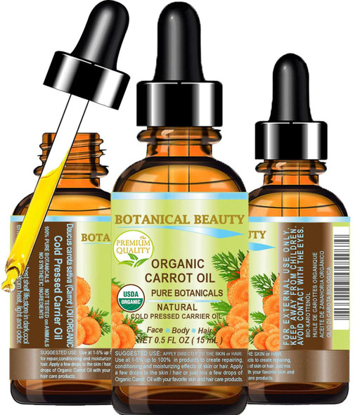 Botanical Beauty Organic Carrot Seed Oil 100% Pure Virgin Unrefined Undiluted Cold Pressed Carrier Oil For Face Skin Body Hair Lip Nails. Rich In Beta Carotene Vitamin E (0.5 Fl Oz)
