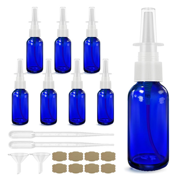 Givameihf Nasal Spray Bottle 8Pcs 1Oz (30Ml)Empty Nose Spray BottleGlass Nasal Spray Bottles With Funnel DropperLabelCobalt Blue Glass Press Spray Head Refillable Portable Fine Mist Travel Bottle