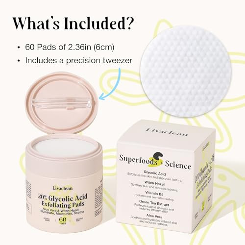 Livaclean 60 Ct 20% Glycolic Acid Peel Pads With Aloe Vera Resurfacing Toner Pads For Face Exfoliating Wipes For Fine Lines Wrinkles Large Pores Textured Skin Includes Tweezer