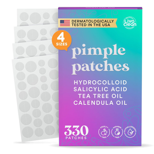 Livaclean 330 Ct Pimple Patches For Face - 100% Hydrocolloid Acne Patches - Four Sizes - Acne Dots Zit Stickers - Hydrocolloid Patch Pimple Patch Invisible - Blemish Patches