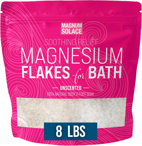 Magnum Solace Magnesium Flakes For Bath - Magnesium Chloride Flakes Organic Pure - Unscented 8 Lbs