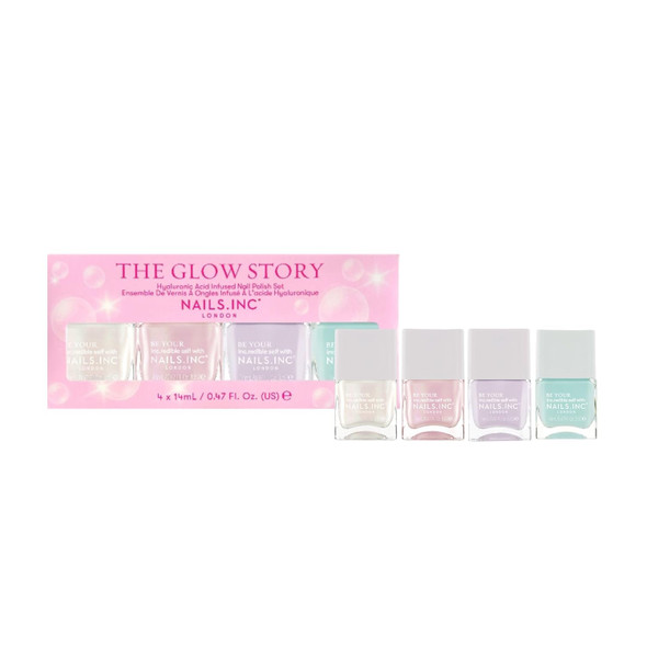 Nails Inc The Glow Story Nail Polish Set Hyaluronic Acid Glossy No Chip Long Lasting Quick Dry Air Dry Professional Manicures & Pedicures Fingernails & Toenails Vegan Nail Polish 4 Piece Set