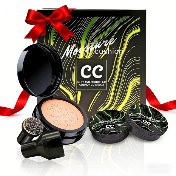 Oetuiow Mushroom Head Air Cushion Cc Cream Set For Women 1 Full-Size Makeup Foundation With 2 Refills & 1 Special Mushroom Head Puff Holiday s For Her (Natural)