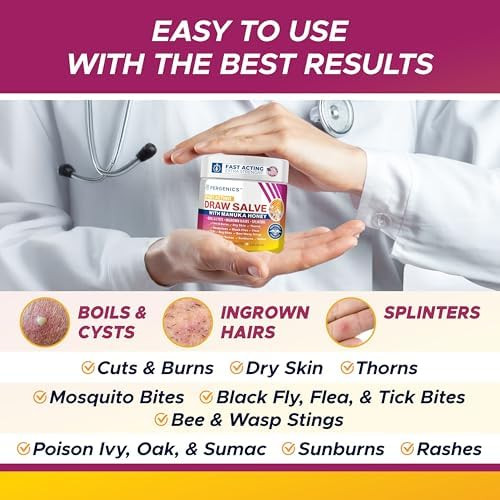Pergenics Manuka Honey Draw Salve Ointment For Skin Soothing Boil & Cyst Ingrown Hair Splinter Remover Bug Spider Bites Bee Sting Mosquito Itching Poison Ivy Minor Cuts Burns 2 Oz