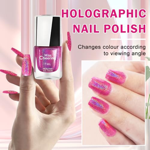Qiufsse Holographic Gel Nail Polish Pink Glitter Gel Nail Polish Quick Dry Chrome Reflective Sparkle Iridescent Nail Polish For Nail Art Salon (Pink)