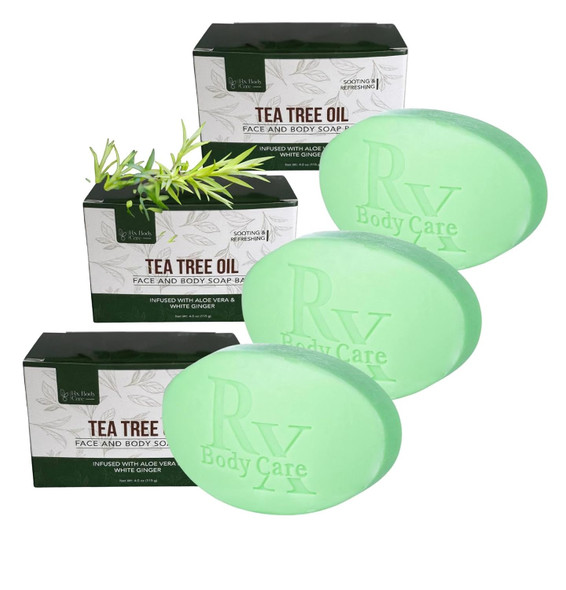 Rx Body Care Tea Tree Oil Soap Bar For Face & Body 4.0 Oz - Antifungal Antiseptic Cleanser Against Odor Fungus Acne Rash Ringworm - Infused With Pure Essential Oils For Cleansing & Refreshing