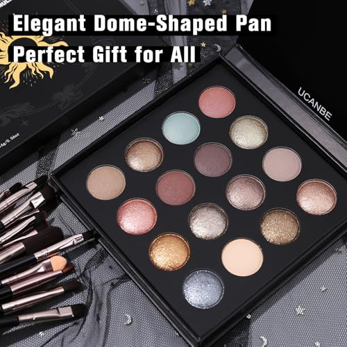 Ucanbe Baked Eyeshadow Palette With 15Pcs Brushes Makeup Set 16 Color Natural Nude Matte Shimmer Metallic Eye Shadow Make Up Pallet For Women Girls High Pigmented Long Lasting Waterproof