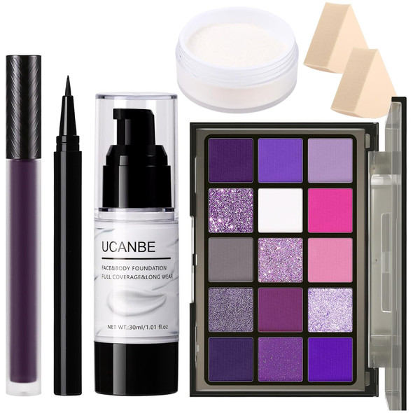Ucanbe Purple Halloween Makeup Kit Witch Devil Sorceress Ursula Makeup Set For Sfx Costume Cosplay - Eyeshadow Palette White Foundation Purple Lipstick Black Eyeliner Setting Powder & Sponges