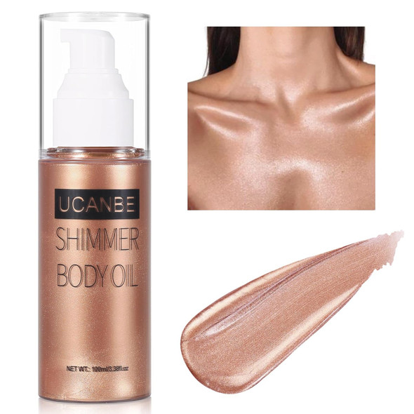 Ucanbe Body Shimmer Oil 100Ml Moisturizing Body Glow Glitter Oil Waterproof Shimmering Luminizer Liquid Illuminator Highlighter Tinted Shimmer Lotion Glowing Bronzer Makeup (Bronze Gold)